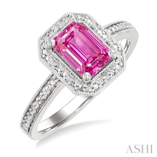 Silver Emerald Shape Gemstone & Diamond Ring