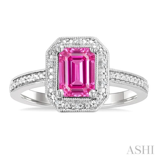 Silver Emerald Shape Gemstone & Diamond Ring