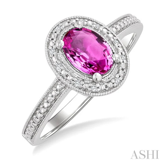 Silver Oval Shape Gemstone & Diamond Ring