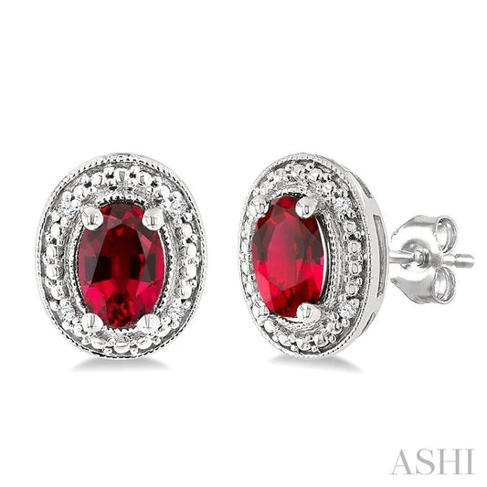 Silver Oval Shape Gemstone & Diamond Earrings