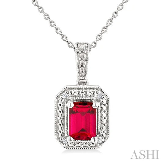 Silver Emerald Shape Gemstone & Diamond Pendant