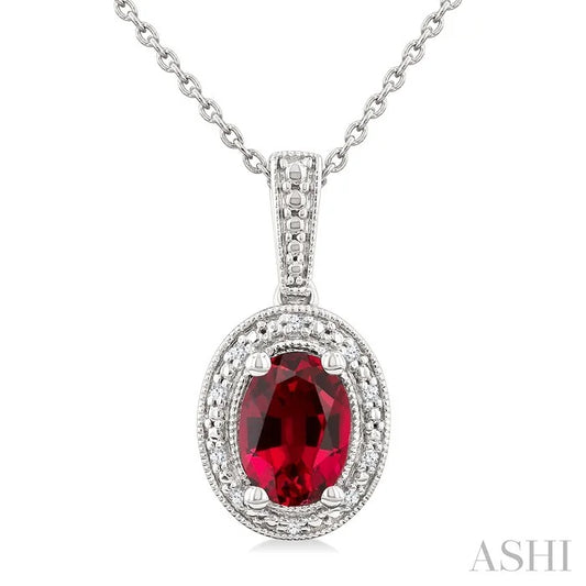 Silver Oval Shape Gemstone & Diamond Pendant