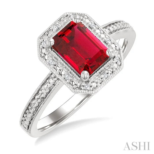 Silver Emerald Shape Gemstone & Diamond Ring