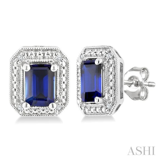 Silver Emerald Shape Gemstone & Diamond Earrings