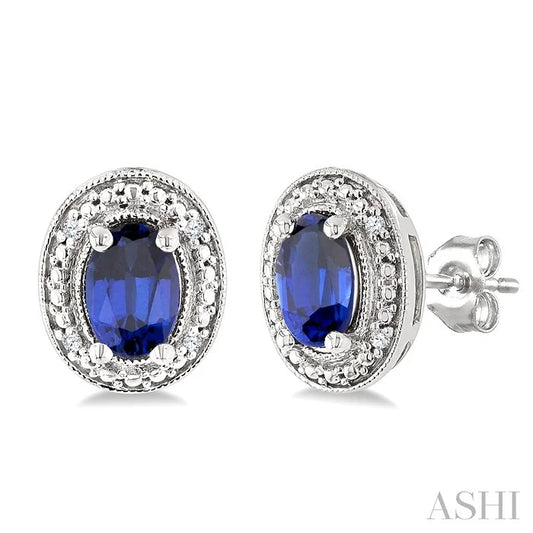 Silver Oval Shape Gemstone & Diamond Earrings