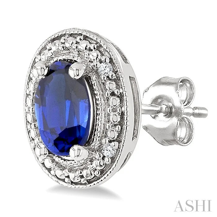 Silver Oval Shape Gemstone & Diamond Earrings
