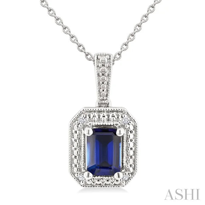 Silver Emerald Shape Gemstone & Diamond Pendant