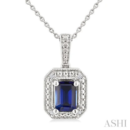 Silver Emerald Shape Gemstone & Diamond Pendant