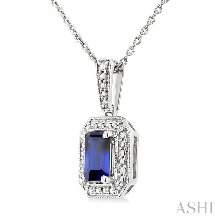 Silver Emerald Shape Gemstone & Diamond Pendant