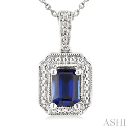 Silver Emerald Shape Gemstone & Diamond Pendant