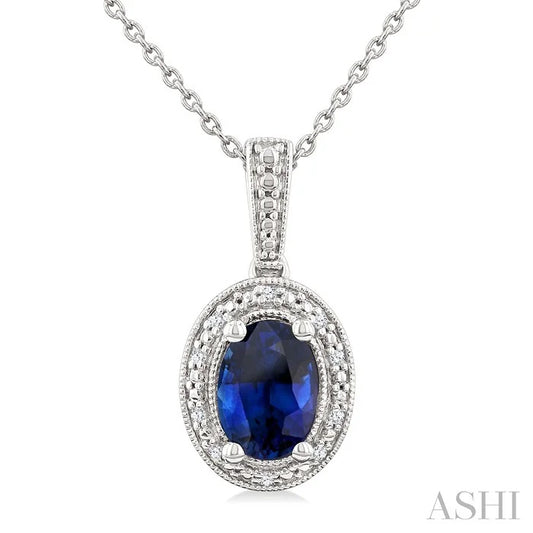 Silver Oval Shape Gemstone & Diamond Pendant