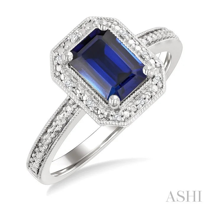 Silver Emerald Shape Gemstone & Diamond Ring
