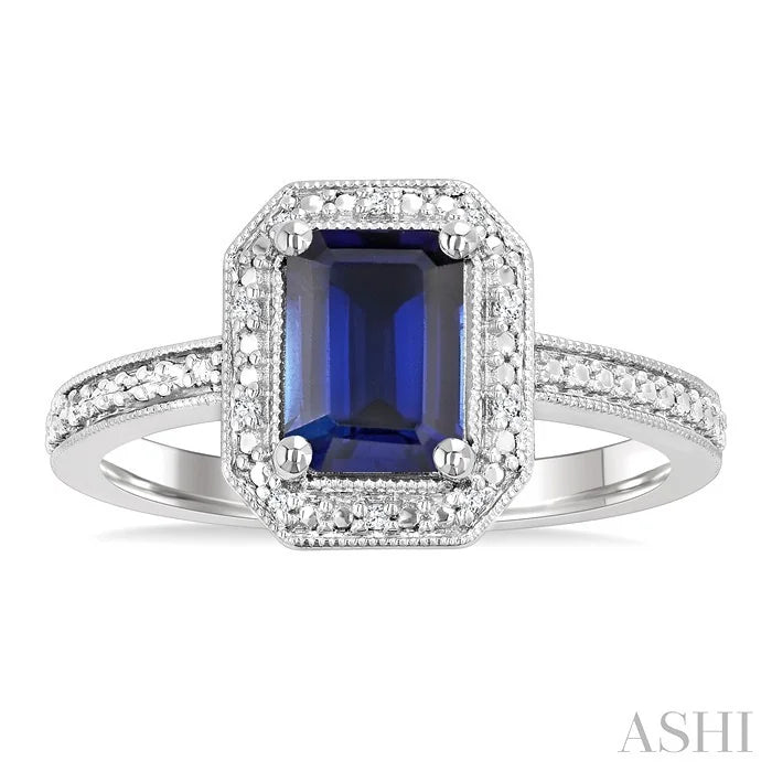 Silver Emerald Shape Gemstone & Diamond Ring