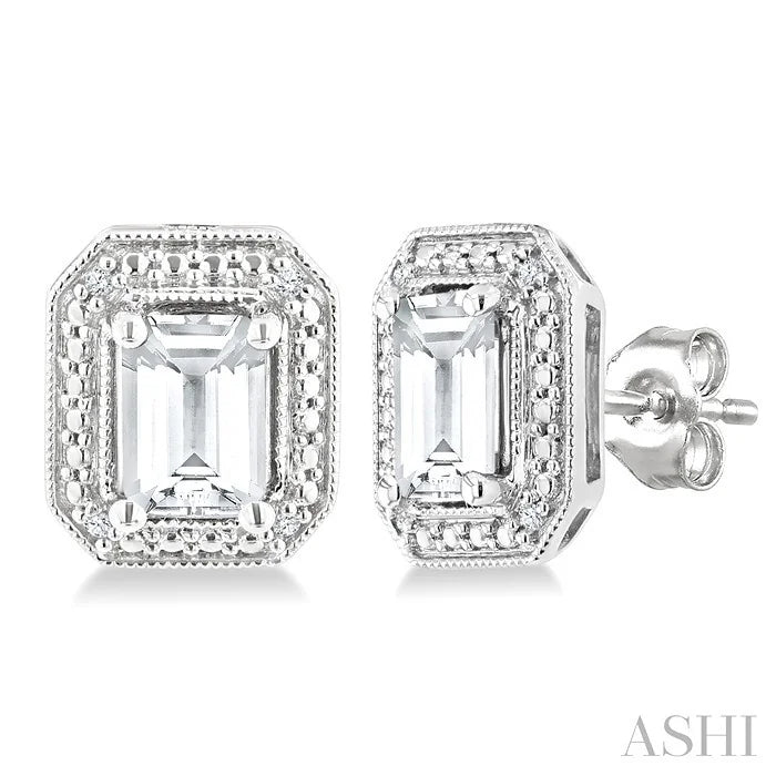 Silver Emerald Shape Gemstone & Diamond Earrings