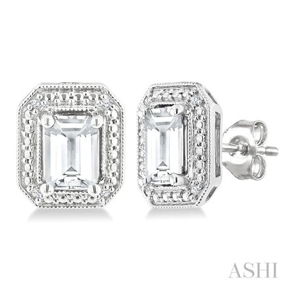Silver Emerald Shape Gemstone & Diamond Earrings