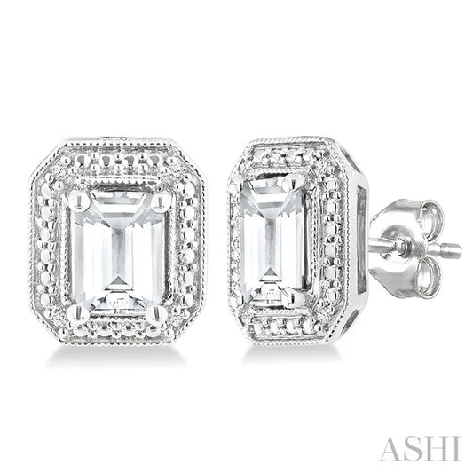 Silver Emerald Shape Gemstone & Diamond Earrings