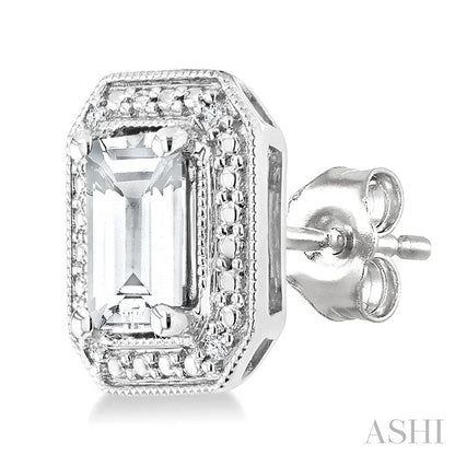 Silver Emerald Shape Gemstone & Diamond Earrings