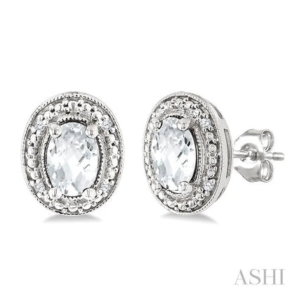 Silver Oval Shape Gemstone & Diamond Earrings
