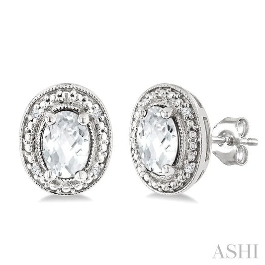 Silver Oval Shape Gemstone & Diamond Earrings