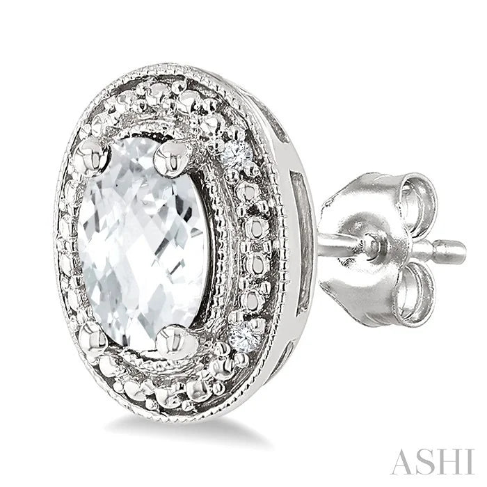 Silver Oval Shape Gemstone & Diamond Earrings