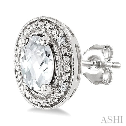 Silver Oval Shape Gemstone & Diamond Earrings