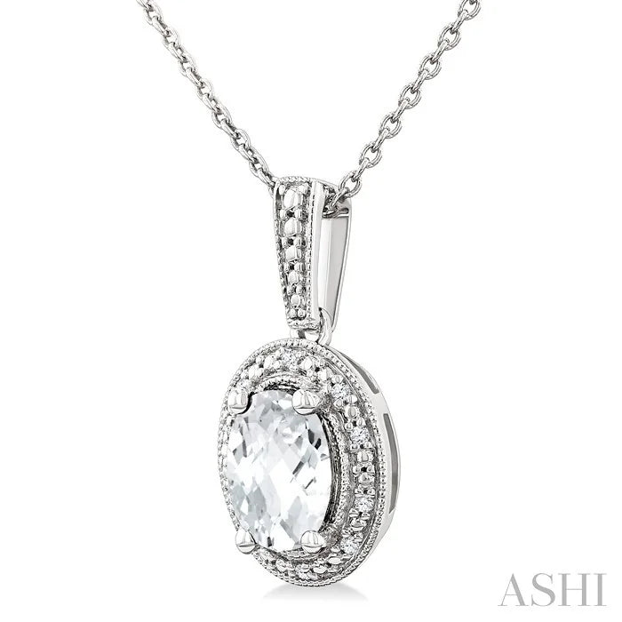 Silver Oval Shape Gemstone & Diamond Pendant