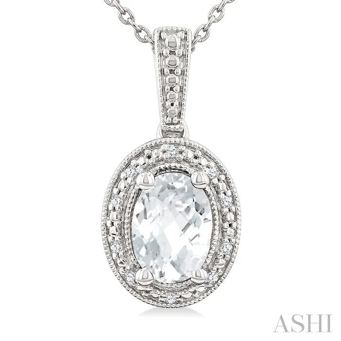 Silver Oval Shape Gemstone & Diamond Pendant
