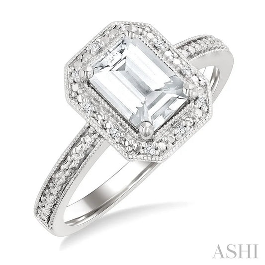 Silver Emerald Shape Gemstone & Diamond Ring