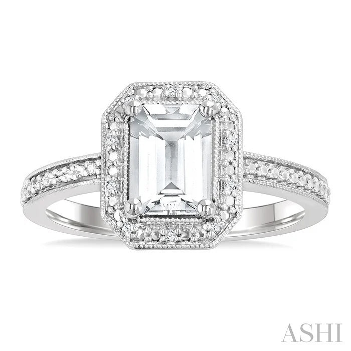 Silver Emerald Shape Gemstone & Diamond Ring