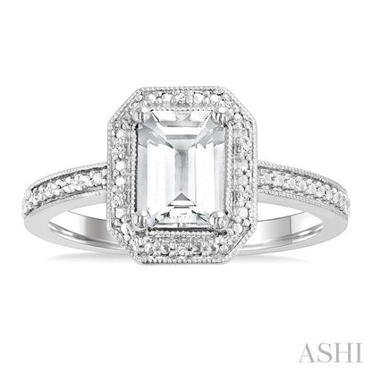 Silver Emerald Shape Gemstone & Diamond Ring