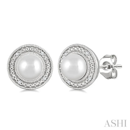 Silver Pearl & Halo Diamond Earrings