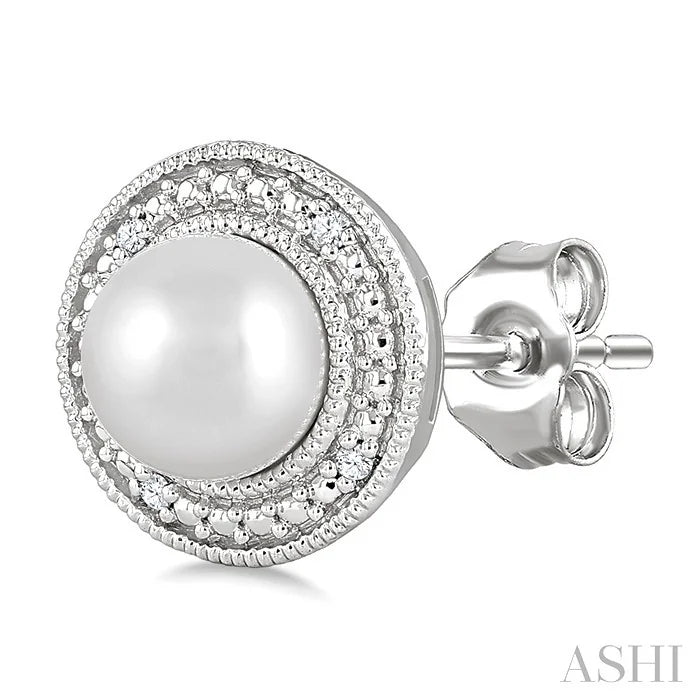 Silver Pearl & Halo Diamond Earrings