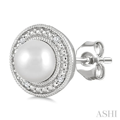 Silver Pearl & Halo Diamond Earrings