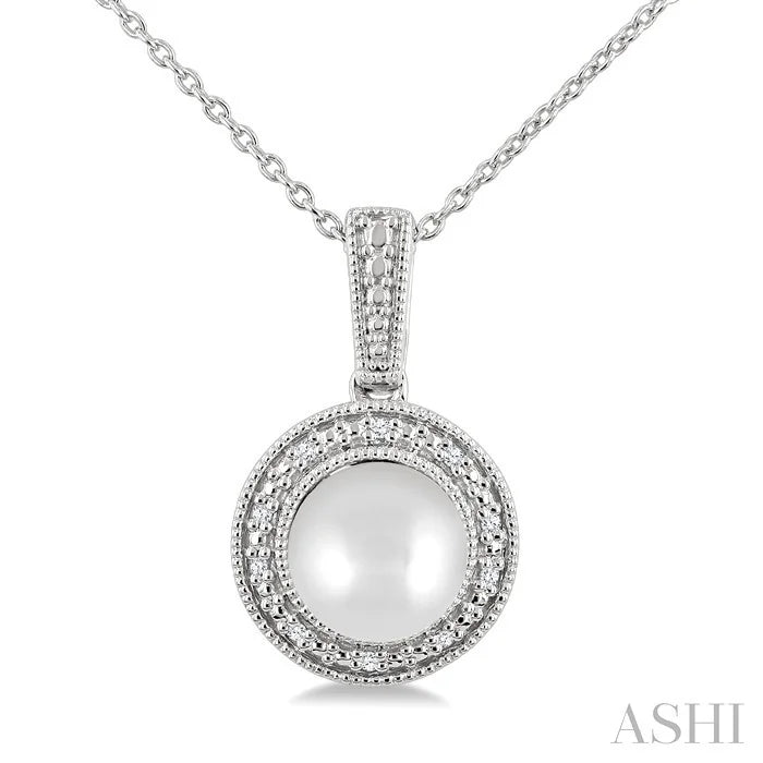 Silver Pearl & Halo Diamond Pendant