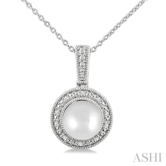 Silver Pearl & Halo Diamond Pendant