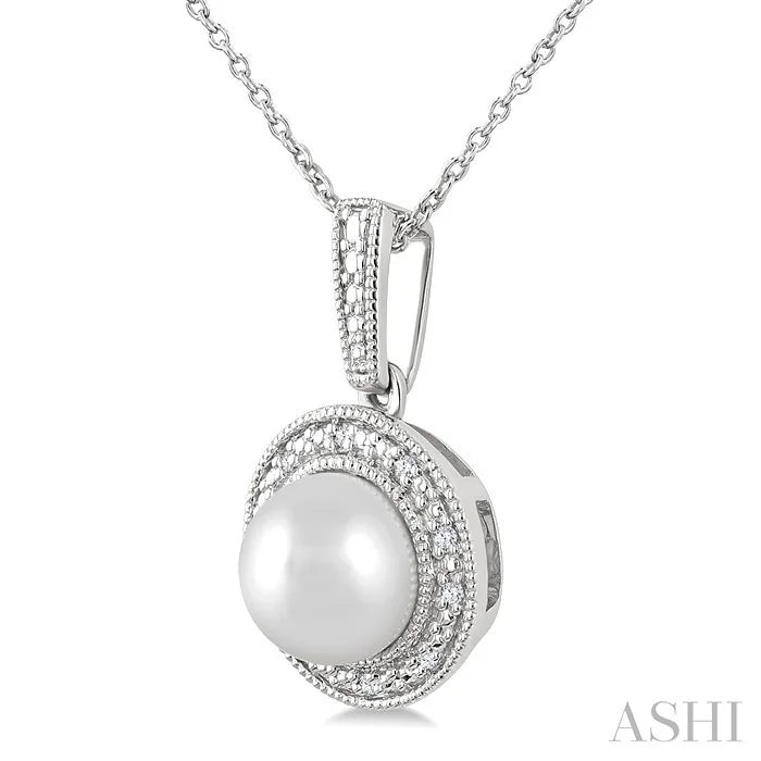 Silver Pearl & Halo Diamond Pendant
