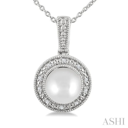 Silver Pearl & Halo Diamond Pendant