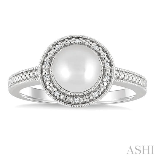 Silver Pearl & Halo Diamond Ring