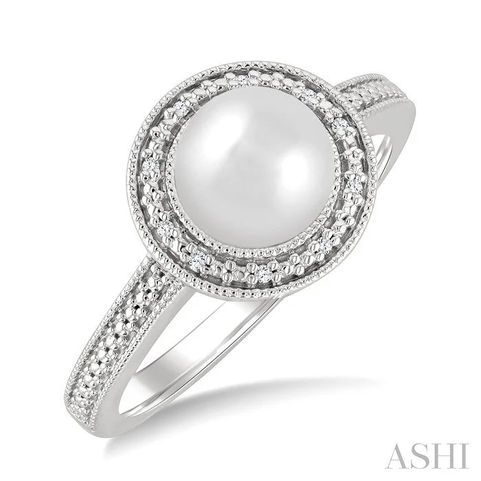 Silver Pearl & Halo Diamond Ring