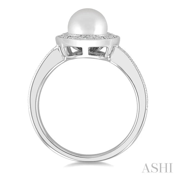 Silver Pearl & Halo Diamond Ring