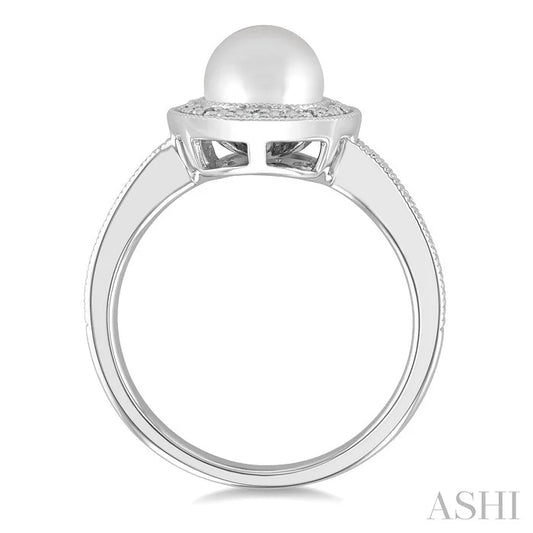Silver Pearl & Halo Diamond Ring