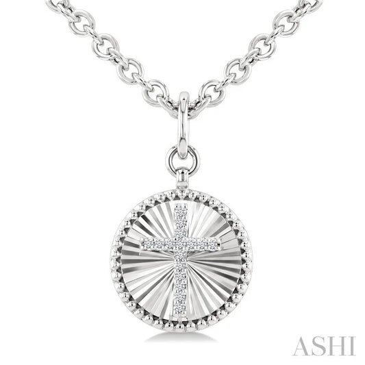 Silver Circle Cross Fluted Medallion Diamond Fashion Pendant