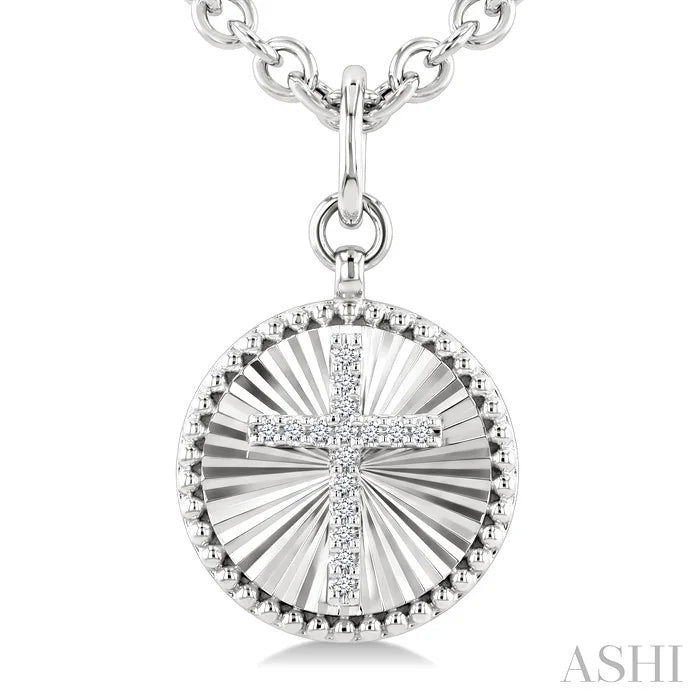 Silver Circle Cross Fluted Medallion Diamond Fashion Pendant