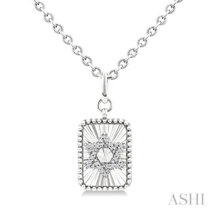 Silver Rectangle Star Of David Fluted Medallion Diamond Pendant