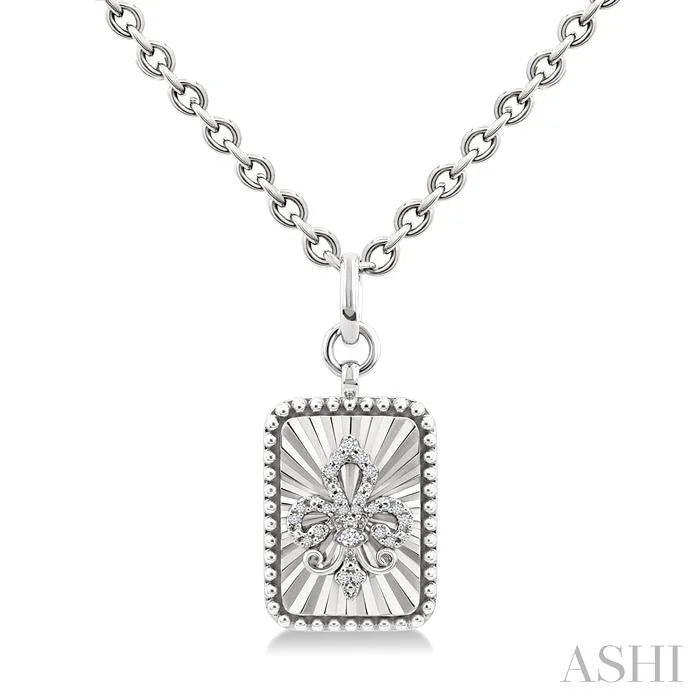 Silver Rectangle Fleur-De-Lis Fluted Medallion Diamond Pendant