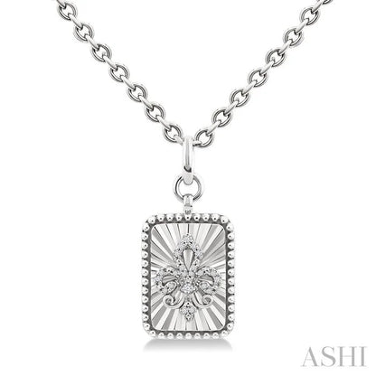 Silver Rectangle Fleur-De-Lis Fluted Medallion Diamond Pendant