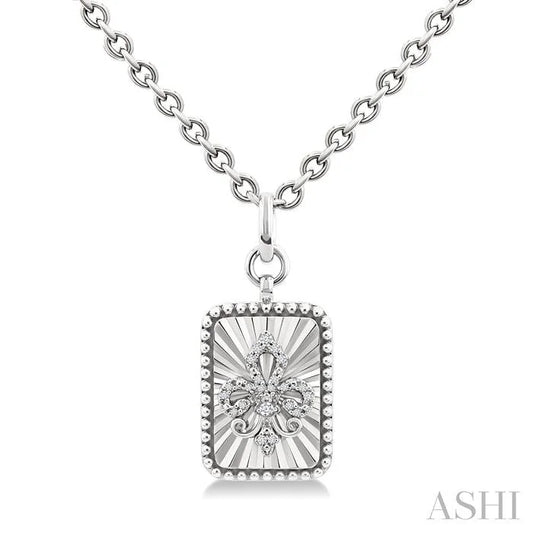 Silver Rectangle Fleur-De-Lis Fluted Medallion Diamond Pendant
