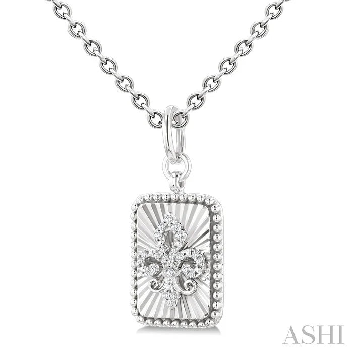 Silver Rectangle Fleur-De-Lis Fluted Medallion Diamond Pendant