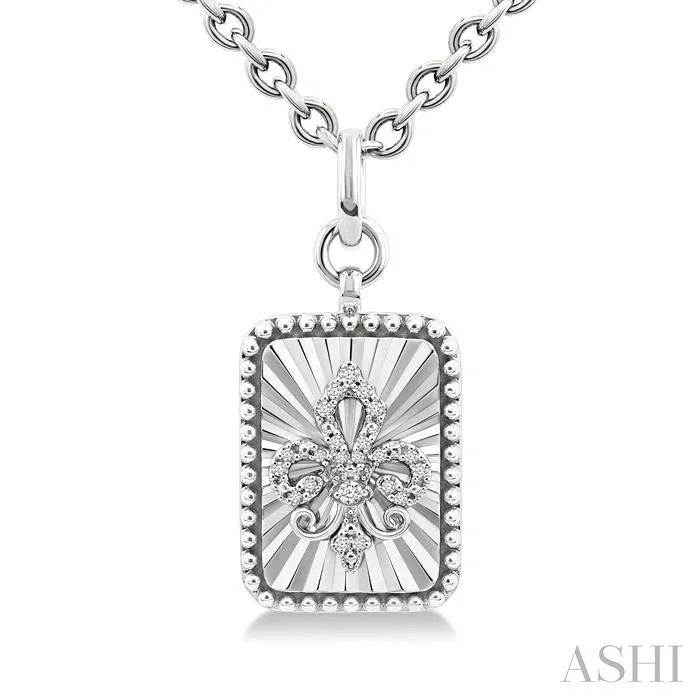 Silver Rectangle Fleur-De-Lis Fluted Medallion Diamond Pendant