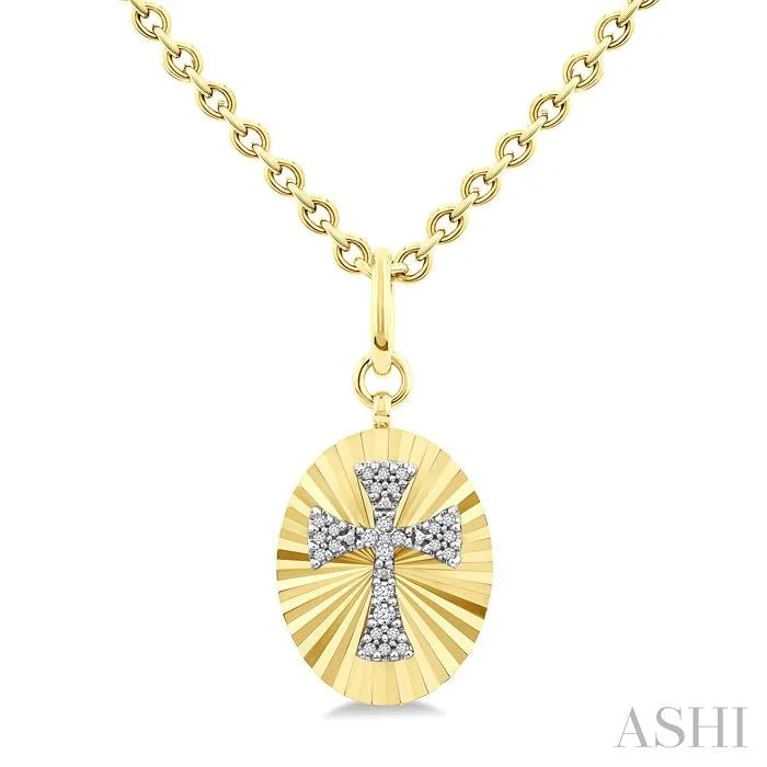 Gold Vermeil Oval Shape Cross Fluted Medallion Diamond Pendant